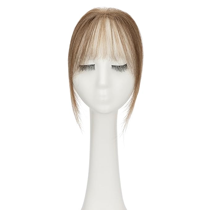 Benehair Clip on Bangs Human Hair, Front Hair Extensions for Women Hair Pieces with Temples for Daily Wear (Medium Brown highlights dark blonde)