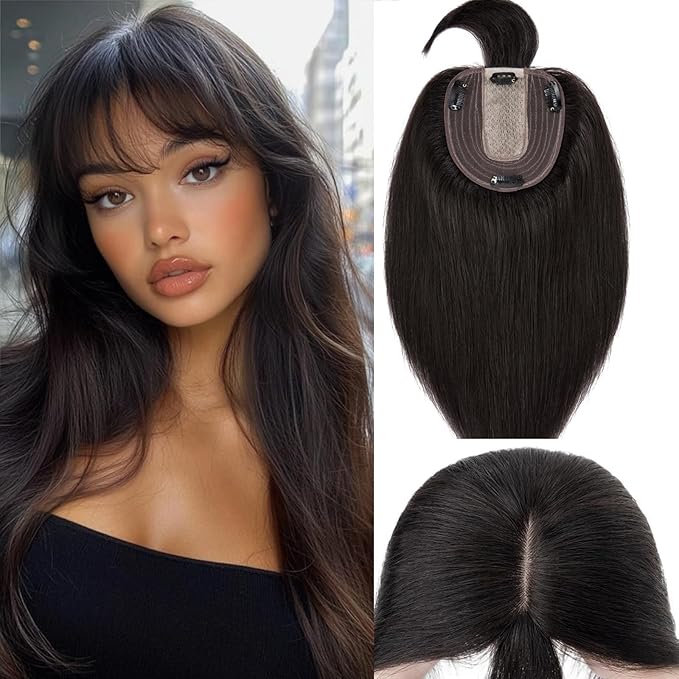Rich Choices Real Human Hair Toppers for Women With Bang 100% Remy Human Hair Topper for Thinning Hair Clip in Silk Base Hair Topper 14 Inch #1B Natural Black