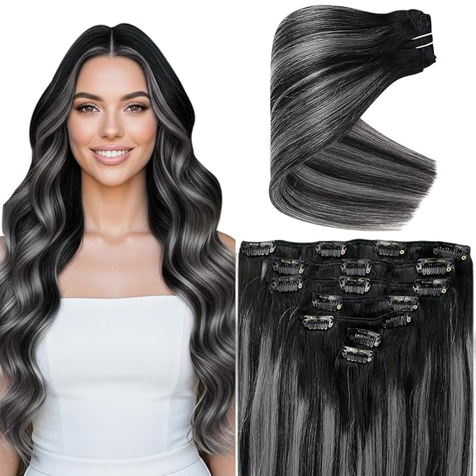 Ve Sunny Clip in Hair Extensions Real Human Hair Ombre Hair Clip in Extensions Ombre Black Roots to Grey Balayage Human Hair Extensions Clip ins Short Straight Remy Hair 80g 5pcs 12inch