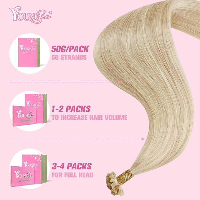YoungSee K Tips Hair Extensions Human Hair Blonde 22inch Keratin Tip Extensions Ash Blonde Highlight Blonde K Tip Hair Extensions Remy Hot Fusion Keratin Hair Extensions for Volume 50g #18/613