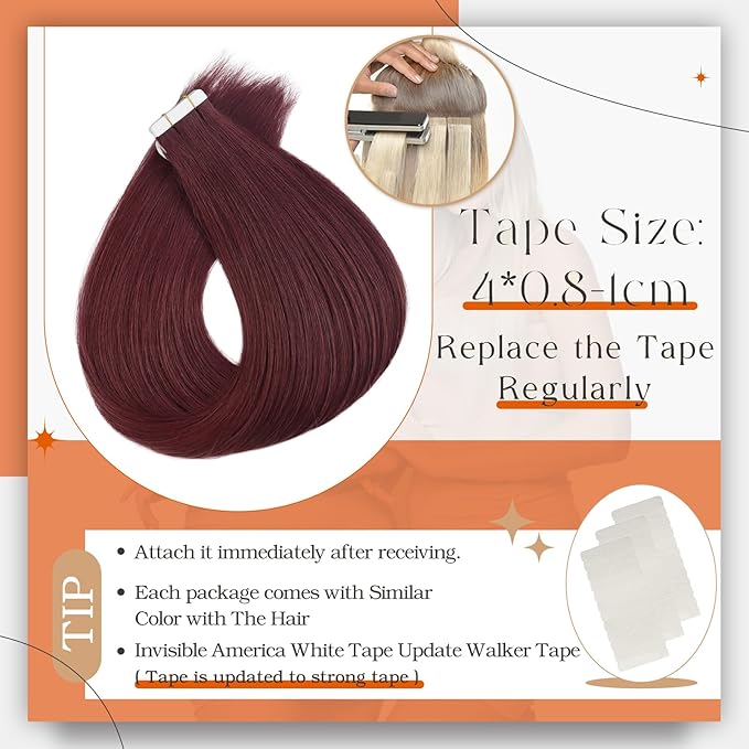 Full Shine Burgundy Tape in Hair Extensions Straight 99J Wine Red Remy Adhesive Tape in Extensions Human Hair 20 Inch Invisible Seamless Skin Weft 50 Gram 20 Pcs for Wedding Add Length