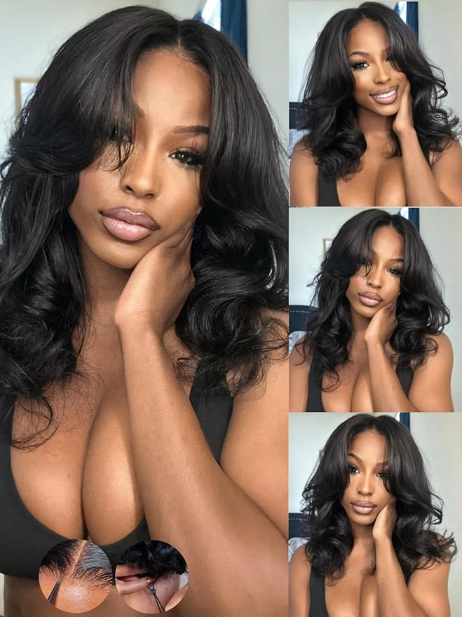 KLAIYI HD Real Scalp Wig 13x4 Lace Frontal Human Hair Wig Loose Body Wave with Face Framing Curtain Bangs Pre Everything Glueless 3S Wear and Go Precut Lace Pre Plucked Pre Bleached 180%Density 20Inch
