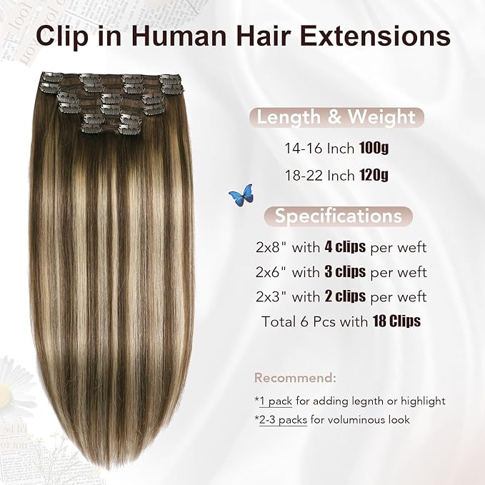 XDhair Clip-in Hair Extensions 120g18 Inch Balayage Chocolate Brown to Caramel Blonde Real Human Hair Extensions Clip in Human Hair Double Weft 6pcs (18inch, #4/27/4)
