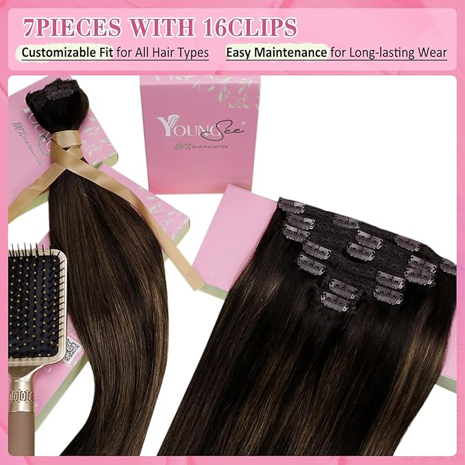 YoungSee Clip in Hair Extensions Balayage Dark Brown Mix Medium Brown Real Human Hair Extensions Clip ins Brunette Clip in Hair Extensions Human Hair for Women 24Inch 120G 7Pcs