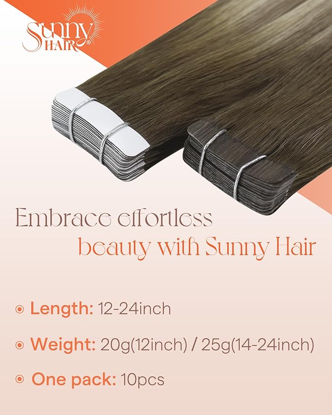 Sunny Hair Tape in Hair Extensions Real Human Hair Invisible Remy Hair Extensions Tape ins for Women Cool Brown Ombre Light Brown Balayage Medium Blonde 22 inch 25G