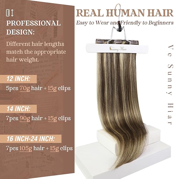 Ve Sunny Clip in Hair Extensions Real Human Hair Highlights Human Hair Clip in Extesnions Dark Brown Highlight Blonde Hair Extensions for Women Clip in 22Inch 7pcs 120g