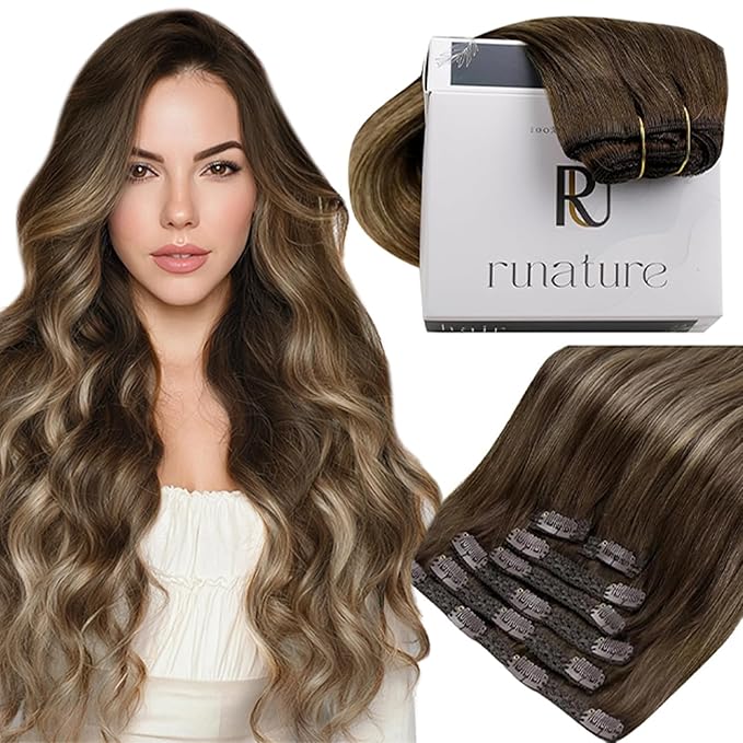RUNATURE Balayage Clip in Hair Extensions Real Human Hair, 22 Inch Hair Extensions Clip Ins, Double Weft Human Hair Clip in Extensions, Long Straight Hair, 120g 7pcs #4/27/4 Brown Root to Blonde