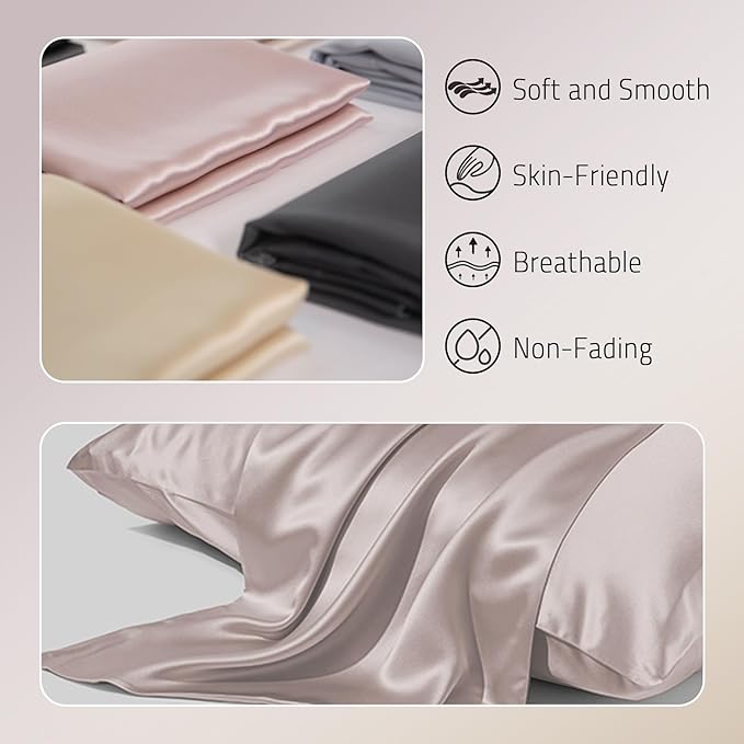 Mulberry Silk Pillowcases Set of 2, Both Sides Real Silk for Hair and Skin Prevent Acne Pillowcase Organic Silk Pillow Cases 2 Pack with Hidden Zipper, Apricot Grey, Standard (20"×26")