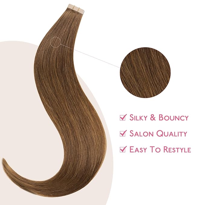 WENNALIFE Tape in Hair Extensions - Human Hair, Light Auburn Brown, 10pcs 25g, 18 inch Remy, Invisible Tape, Straight, Colored, Soft Real Human Hair Refill Set