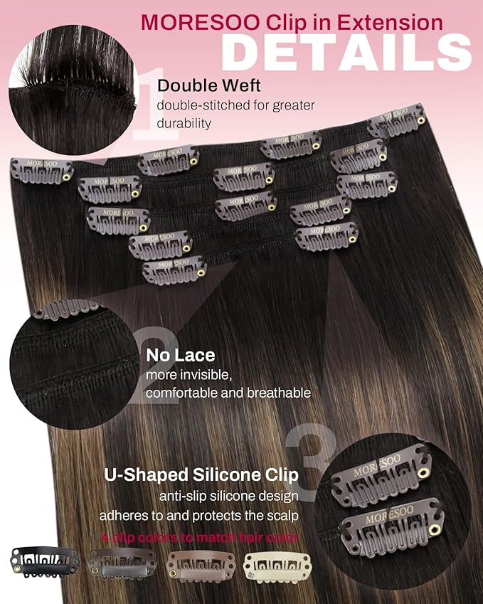 Moresoo Clip in Hair Extensions Real Human Hair Balayage Dark Brown with Chestnut Brown 5pcs 80g Remy Straight Invisible Double Weft Ombre Human Hair Clip in Extensions 16inch