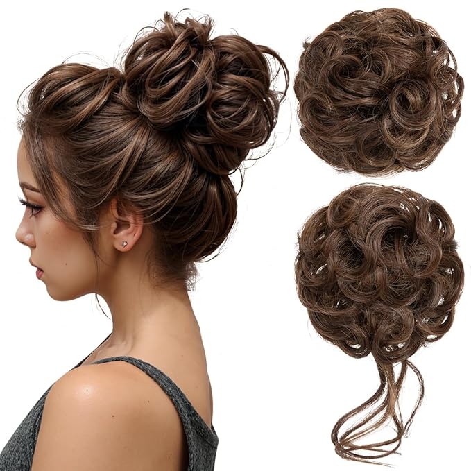 CJL HAIR 2PCS Messy Bun Hair Pieces Wavy Curly Synthetic Updo Chignon Fake Scrunchies Ponytail Extension for Women Chocolate Multi