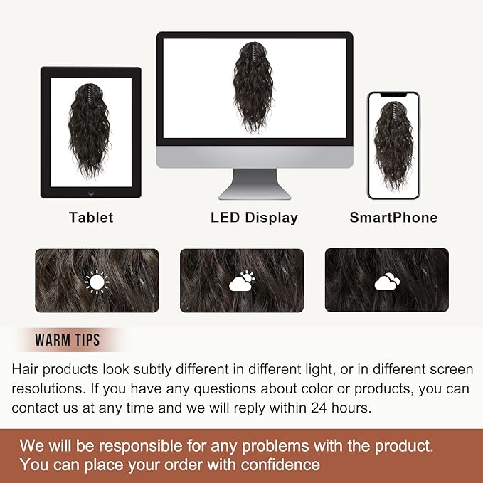 FLUFYMOOZ Ponytail Extension, 18 Inch Claw Clip Ponytail Extension, Wavy Curly Claw Clip in Ponytail Hair Extensions, Natural Fake Ponytail Synthetic Hairpiece for Women (Black Brown)