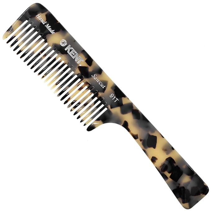 Kent 91T TW Detangler Comb for Women, Wide Tooth Hair Comb for Curly and Wavy Hair - for use in Dry or Wet Hair, Large Handle Shower Comb for Effective Detangling, Handmade Sawcut and Polished