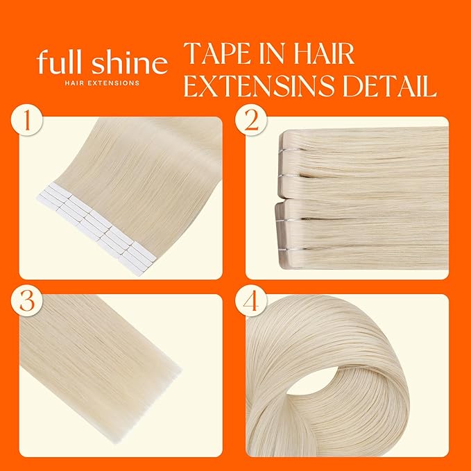 Full Shine Invisible Tape in Hair Extensions Human Hair Color 1000 White Blonde Seamless Injected Tape in Human Hair Extensions Add Length 24Inch 50Grams 20Pcs No Knots in Winter