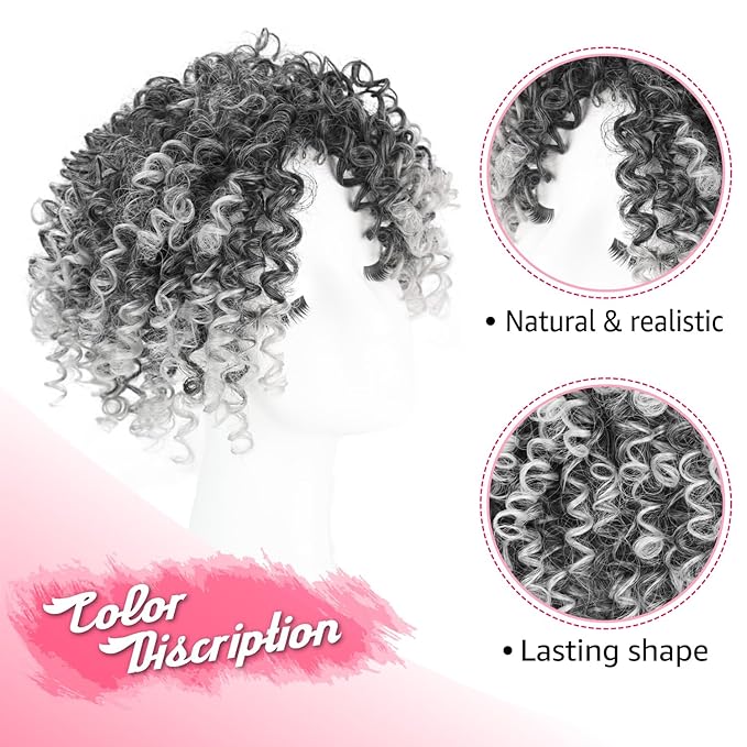Natural Afro Kinky Curly Short Hair Toppers with Bangs Black Clip in Synthetic Wiglets Hair Pieces for Men and Women with Thinning Hair Instant Volume and Style(1B/Gray)