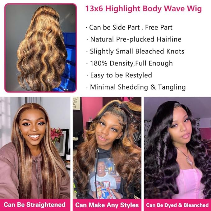 30 Inch 13x6 Body Wave Highlight Ombre Lace Front Wig Human Hair 13x6 HD Lace Front Wigs Human Hair 180% Density P4/27 Colored Wigs Honey Blonde Glueless Wigs Human Hair Pre Plucked Pre Cut