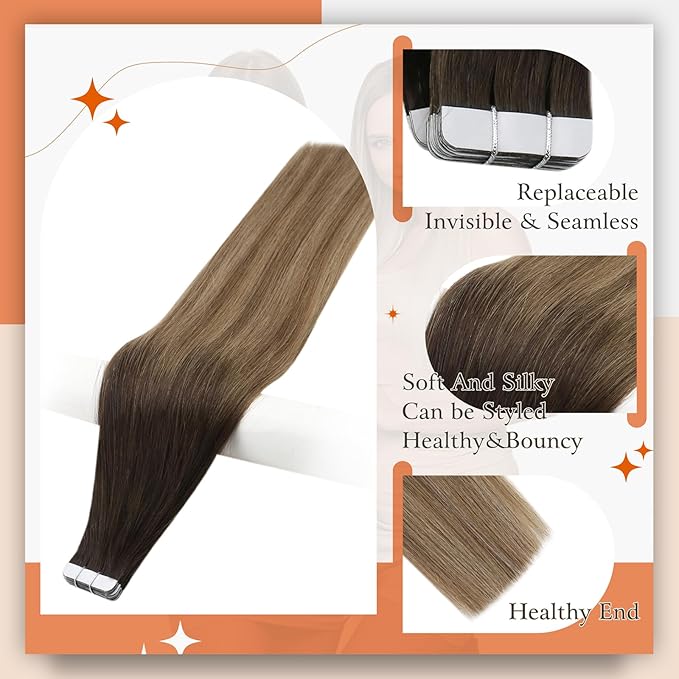 Full Shine Tape in Hair Extensions Human Hair Dark Brown to Chestnut Brown Highlighted Ash Blonde 12 Inch Human Hair Extensions Double Sided Tape in Hair Natural Remy Hair Straight Hair 30 Gram 20pcs