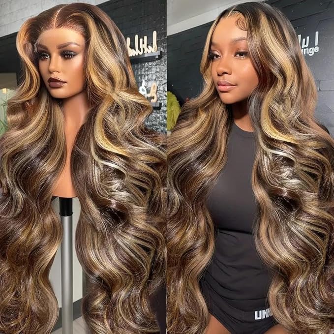 AMIRTY 250 Density Highlight Ombre Lace Front Wig Human Hair Honey Blonde Body Wave 13x6 HD Lace Front Wigs Human Hair Pre Plucked Brown 4/27 Colored Lace Frontal Glueless Wigs for Women 18 Inch