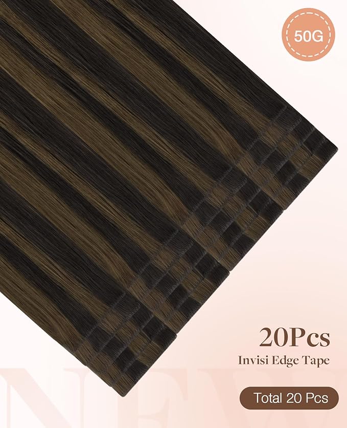 GOO GOO Invisi Edge Tape in Hair Extensions Human Hair, 2/6 Dark Brown Highlighted Chestnut Brown, 20pcs 24inch 50g, Virgin Remy Hair, Seamless Injected Tape, Natural Look