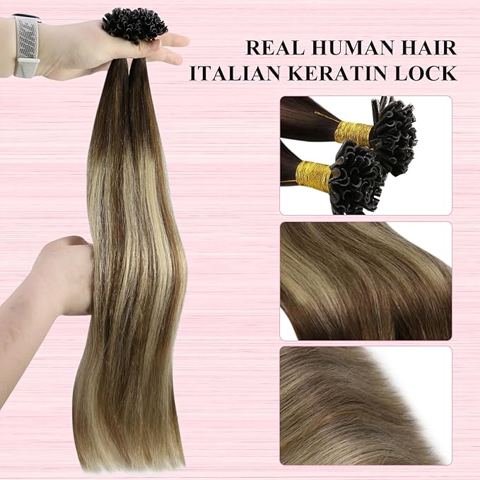 YoungSee U Tip Hair Extensions Human Hair Ombre Dark Brown to Brown with Blonde Keratin Human Hair Extensions 24In 1G/S 50G