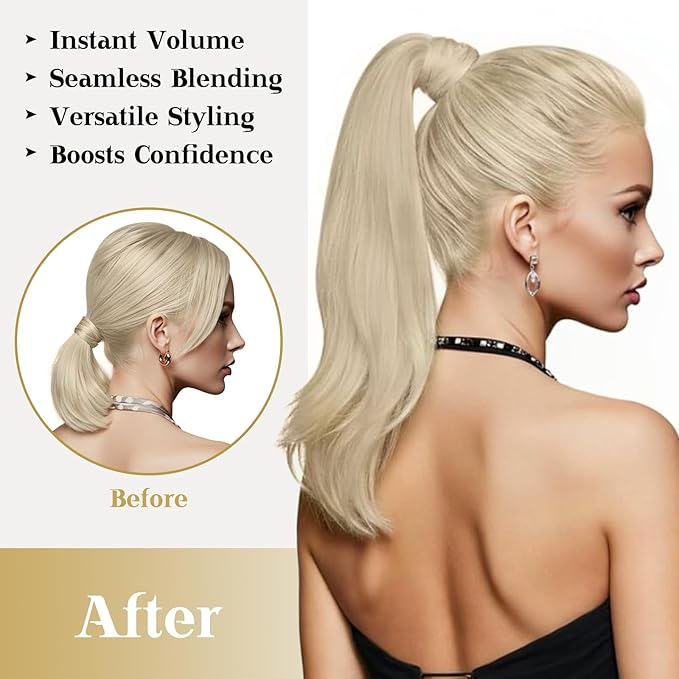 Ve Sunny Hair Extensions Ponytail Real Human Hair 80G Wrap Around Clip in Ponytail Hair Extensions Straight Extensions Human Hair for Women White Platinum Blonde 14inch