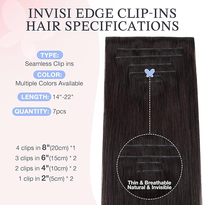 DOORES Hair Extensions Real Human Clip in 18 inch 120g 7pcs Invisi Edge, Seamless Clip in Hair Extensions Invisible Clipins Virgin Injected Skin Weft, 2 Dark Brown