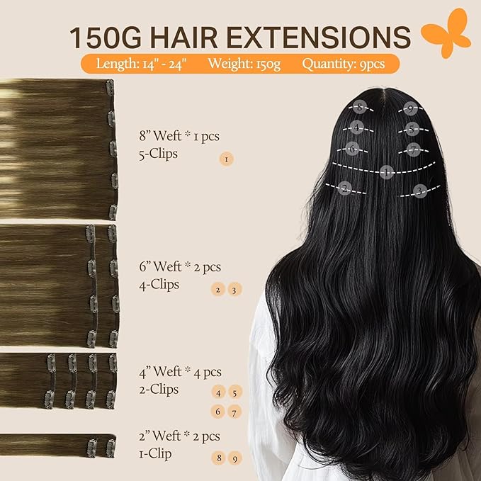 DOORES Human Hair Extensions Clip in, Balayage Walnut Brown to Ash Brown and Bleach Blonde 150g 9pcs 22 Inch, Clip in Hair Extensions Remy Natural Hair Extensions Straight Silky