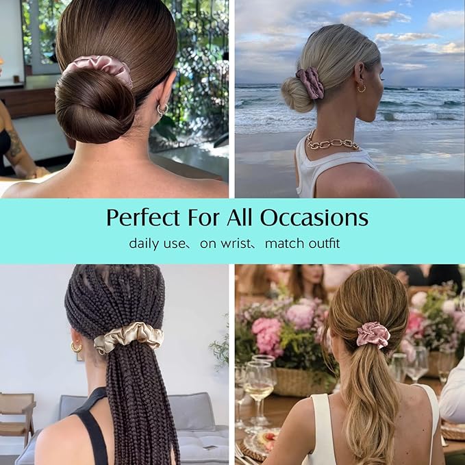 YFONG 3 PCS 100% Mulberry Silk Scrunchies for Women Girls, 22 Momme Soft Hair Ties for Frizz & Breakage Prevention, Elastic Ponytail Holders Gentle And No hurt, (Pink+Champagne+Plum Purple)