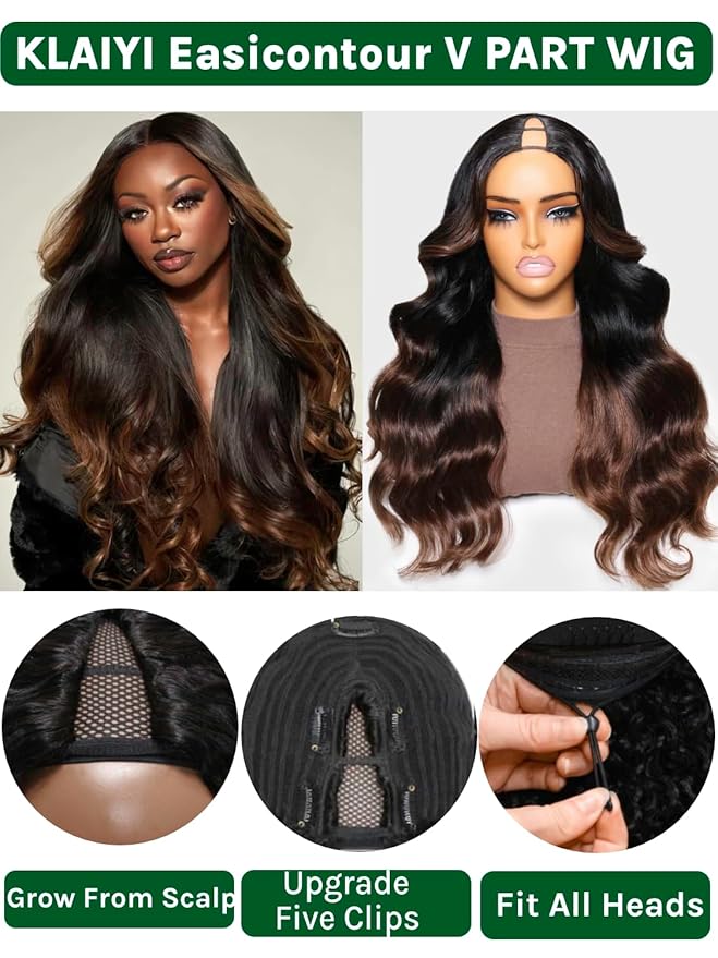 KLAIYI Ombre Brown V Part Wig Body Wave Human Hair Upgrade U Part Wig with Dark Roots Glueless Chestnut Brown Clip in Half Wig No Glue No Leave Out Beginner Wigs for Women Wear and Go Wig 150% 24Inch