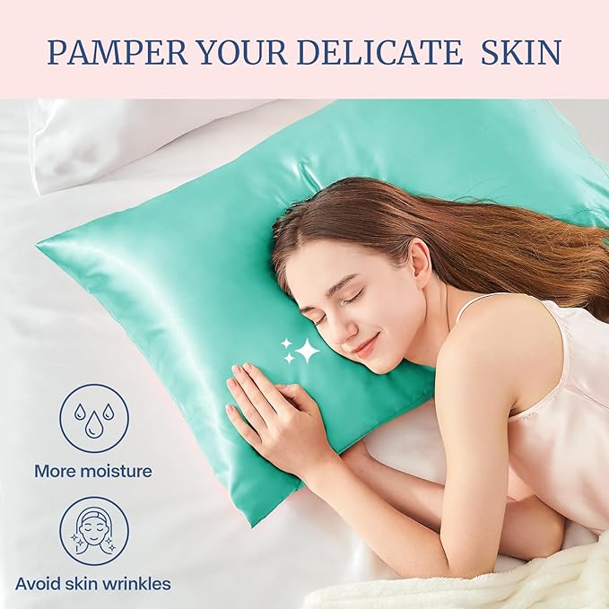 BEDELITE Satin Pillowcase for Hair and Skin, Super Soft and Cooling Similar to Silk Pillow Cases 2 Pack with Envelope Closure, Gift for Women Men(20"x26" Standard Size, Turquoise)