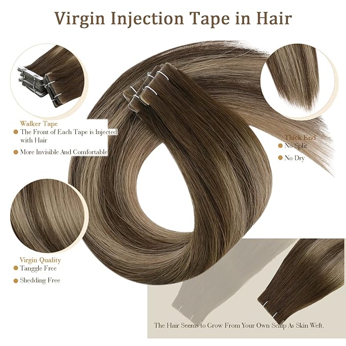 Full Shine Injection Tape in Hair Extensions 5Pcs 20 Inch Seamless Skin Weft Tape in Extensions Color 4 Brown Fading to 27 Blonde And 4 Brown Virgin Hair Extensions Real Remy Human Hair 12.5 Gram