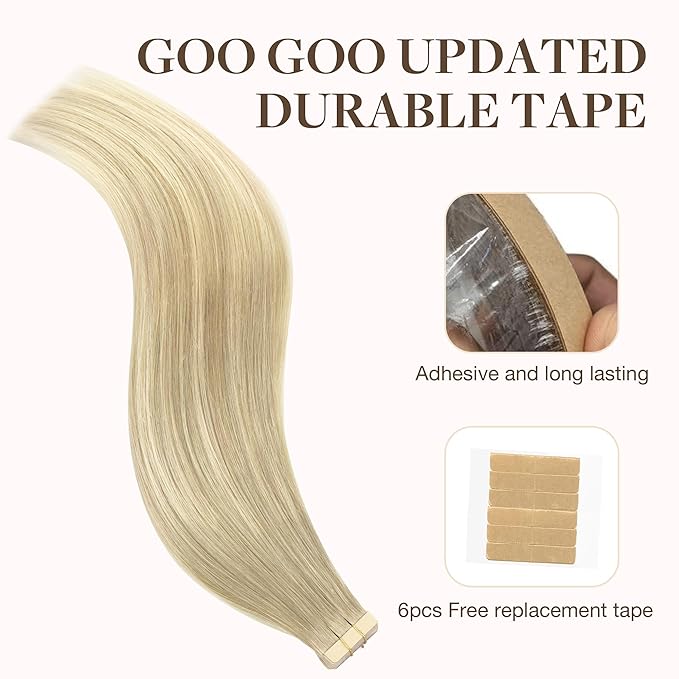 GOO GOO Tape in Hair Extensions Human Hair, 18ET90A Natural Blonde Balayage, 26inch 60g 20pcs, Skin Weft Seamless Invisible, Silky Straight with Thick Ends, Remy Human Hair