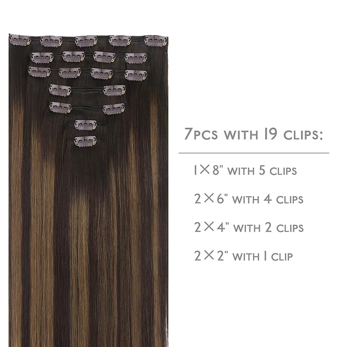 WENNALIFE Clip in Hair Extensions Real Human Hair, 18 Inch 120g 7pcs Dark Brown to Chestnut Brown Balayage Hair Extensions Clip In Human Hair Remy Clip Real Human Hair Double Weft