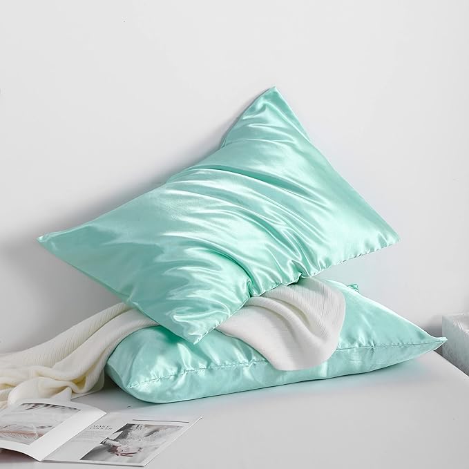 NTBAY 12 Pack Satin Queen Pillowcases for Hair and Skin, Luxurious and Silky Pillow Cases with Envelope Closure, 20 x 30 Inches, Light Blue