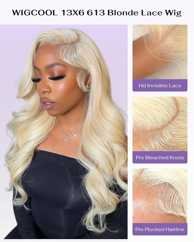 613 13x6 Lace Front Wig Human Hair 180 Density Body Wave Blonde Wig Human Hair 613 HD Lace Frontal Wigs 100% Real Human Hair No Synthetic Blend No Tangle No Shedding Triple Lifespan 3X 24 Inch