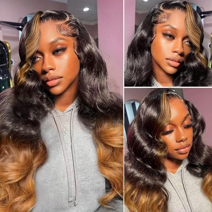 200% Density 13x6 Lace Front Wigs Human Hair Pre Plucked Body Wave 13x6 HD Transparent Ombre 1B/30 Lace Front Wigs With Baby Hairs Glueless Wigs Balayage Wigs Human Hair Wig For Women 34 Inch