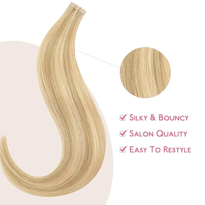 WENNALIFE Tape in Hair Extensions Human Hair Light Blonde Highlighted Golden Blonde Tape in Extensions, 10pcs 25g 18 inch Remy Invisible Tape Ins Straight Soft Real Human Hair Tape in Extensions