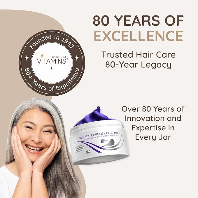VITAMINS hair cosmetics Keratin Purple Hair Mask - Blue Hair Mask Deep Conditioner Treatment - Blonde Toner to Neutralize Brassiness in Brassy Blonde, Silver, White, Gray & Brown Locks