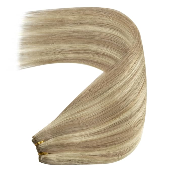 YoungSee 24Inch Weft Hair Extensions Human Hair Blonde Highlight Sew in Hair Extensions Golden Blonde Highlighted Dark Ash Blonde Smooth Double Weft Human Hair Extensions 100G