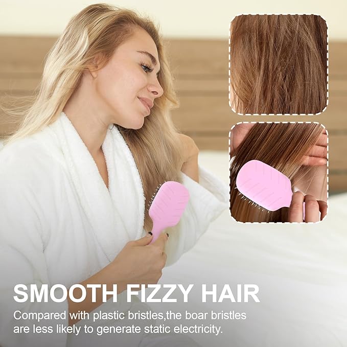 Mini Boar Bristles Hair Bursh, Travel Size Hair Brush for Women Men Kids, Protable Small Hair Brush for Pockets Purses, Mini Detangler Brush for Smooth Add Shine(Pink)