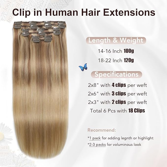 XDhair Human Hair Clip in Extensions 120g Balayage Color 10 Golden Brown to Light Blonde Highlight 27 Blonde Double Weft Clip in Human Hair Extensions #10/27/27 18 Inch