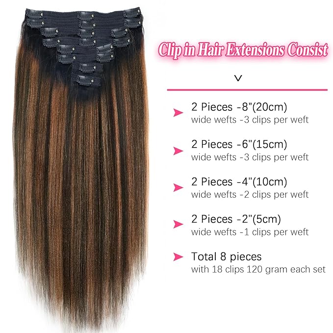 Yaki Straight Clip ins Real Human Hair Extensions For Women Highlight Hair Extensions Yaki Straight Clip in Hair Extensions(20inch,T1BP1B/30)