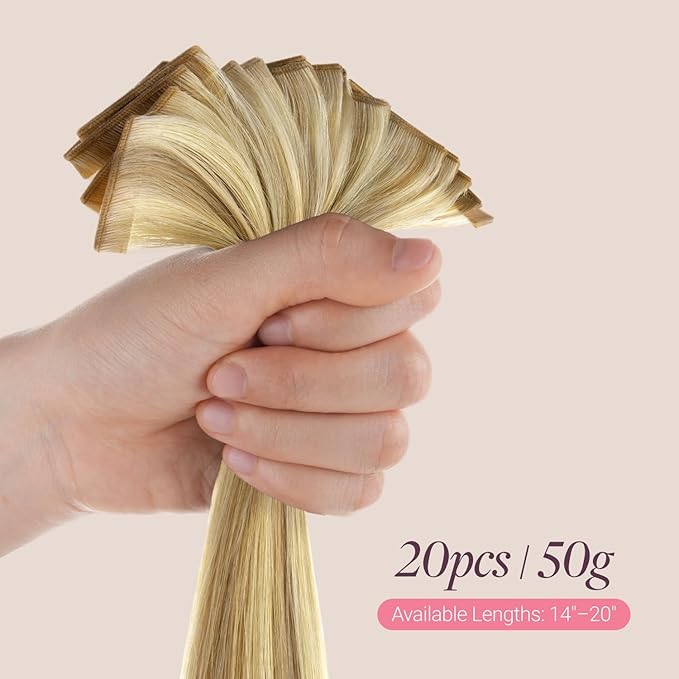 GOO GOO Genius Tape in Hair Extensions, Hand Tied Tape Weft, 16/22 Light Blonde Highlighted Golden Blonde, 16inch 50g 20pcs, Remy Human Hair, Seamless Invisible Tape, Natural Blend, Lightweight