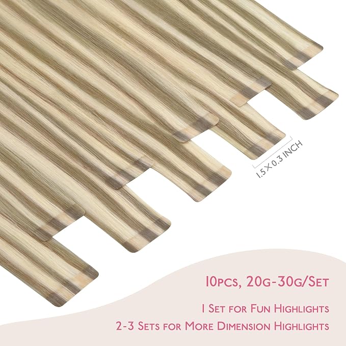 WENNALIFE Tape in Hair Extensions Human Hair Ash Brown with Platinum Blonde Highlights Tape in Extensions, 10pcs 30g 20 inch Remy Invisible Tape Ins Straight Colored Soft Refill Set