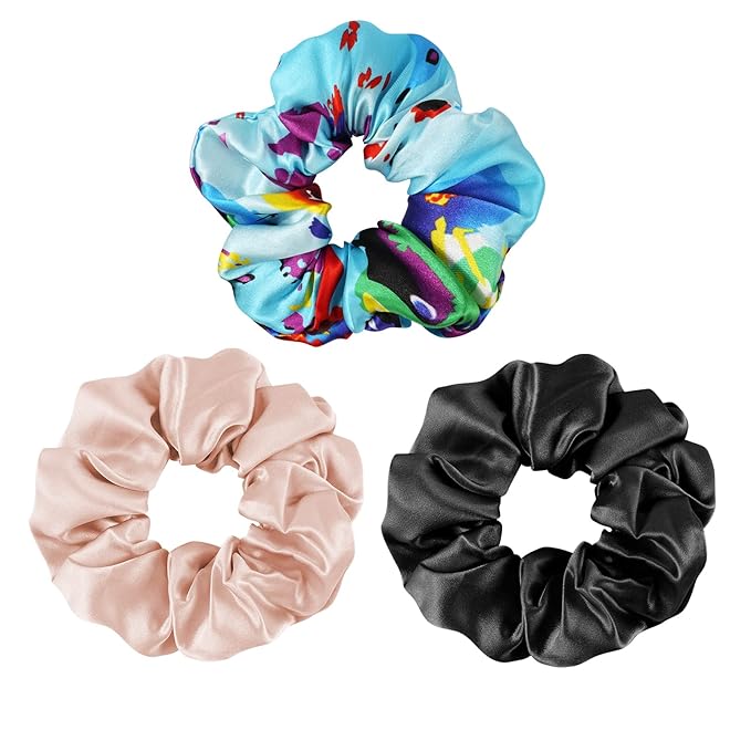 OLESILK 100% Mulberry Silk-Scrunchies for Hair Sleep, Women Grils Silk Hair Ties for Frizz & Breakage Curly Hair, No Damage, Elastics Ponytail Holder, 3 Pack