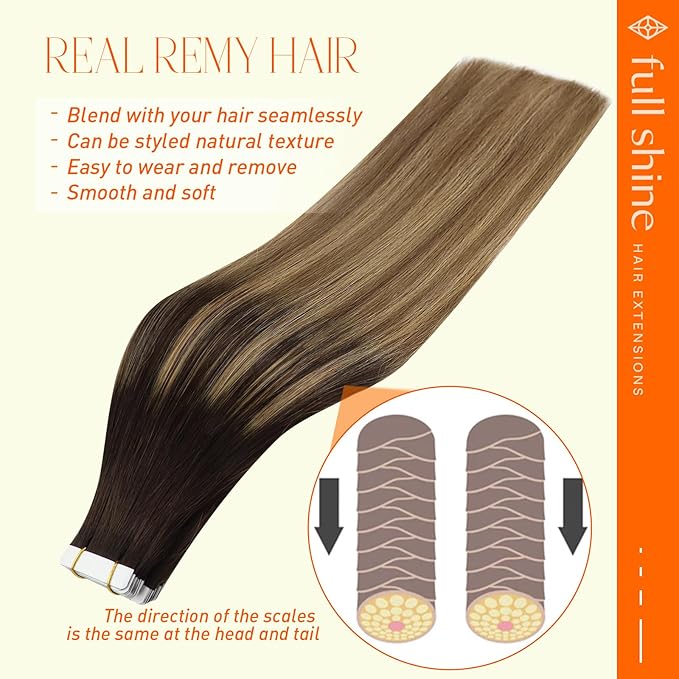 Full Shine Balayage Tape in Hair Extensions Human Hair Color 2 Brown Fading To 8 Ash Brown and 27 Blonde Invisible Double Sided Tape in Human Hair Extensions 14 Inch Soft Hair Extensions 50G 20 Pcs