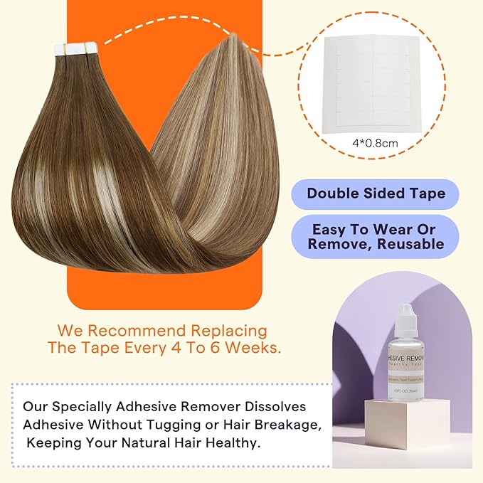 Full Shine Human Hair Extensions Tape in 20PCS Color 4/27/60/8 Brown and Blonde Seamless Skin Weft Tape in Hair Extensions Human Hair Ombre 18 Inch Remy Invisible Straight Hair 50grams for Women