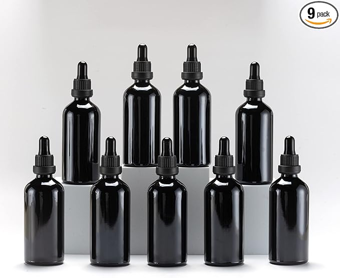 YIZHAO Black Glass Dropper Bottle 4oz, Tincture Bottles with Glass Dropper, for Essential Oils, Aromatherapy, Cosmetic, Laboratory, Pharmacy, Liquids, Travel –9 Pcs