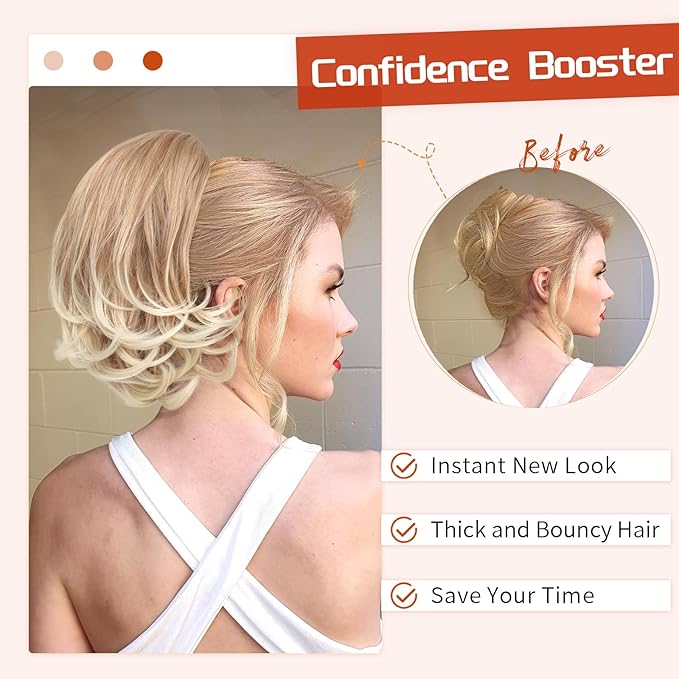 KooKaStyle Ponytail Extension, 10" Short Claw Clip in Pony Tails Hair Extensions Curly Wavy Synthetic Drawstring Hairpieces for Women(Honey Blonde and Dark Blonde Tips)