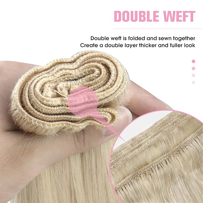 YoungSee Sew in Hair Extensions Real Human Hair Blonde Hair Extensions Weft Platinum Blonde Soft and Smooth Sew in Bundles Human Hair 18Inch 100G